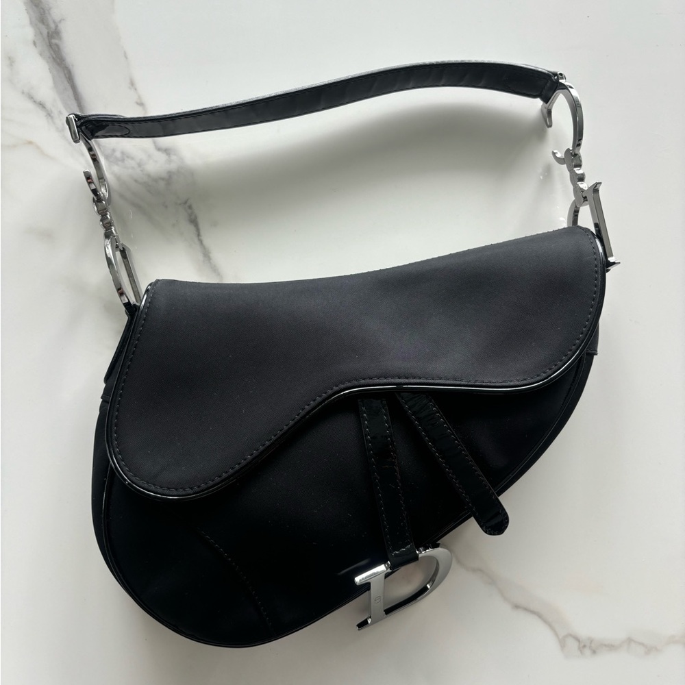 Dior vintage black nylon patent saddle bag silver hardware